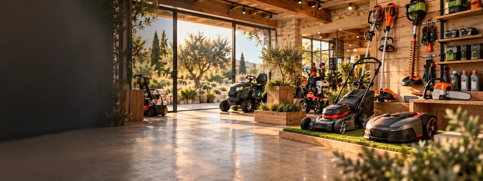 Tondeuses, robot de tonte et outils de jardin exposés dans un magasin de motoculture